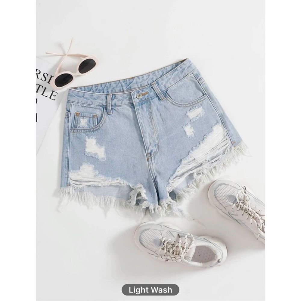 SHEIN EZwear Ripped Raw Cut Denim Shorts